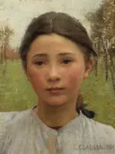 The head of a young girl van George Clausen: portret met meisje, wit hemd en opgestoken haar, in warm bruin en groen