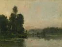 The Hillsides of Méry sur Oise, Opposite Auvers van Charles-Francois Daubigny: landschap met rivier, bomen, oever en water, in gedempt groen en grijs