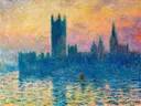 The Houses of Parliament, zonsondergang van Claude Monet: stad met parlement, rivier, zonsondergang en mist, in blauw met oranje