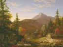The Hunter's Return van Thomas Cole: landschap met bergen, herfst, huisje en jagers, in warm oranje en blauw