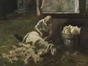The income of the shepherd (c.1883), by van Giovanni Segantini: figuren met herder, schaap, wol en scheren, in donker groen en beige