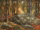 The Jewel Box, Old Lyme by , 1906 van Childe Hassam: landschap met bos, herfst, rotsen en bomen, in warm oranje en groen