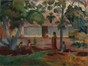 The Large Tree van Paul Gauguin: landschap met boom, hut, figuren en gras, in groen met okerrood