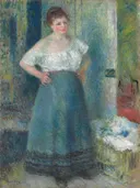 The Laundress van Pierre-Auguste Renoir: figuren met wasvrouw, wasgoed, blauwe rok en staand, in gedempt blauw en wit