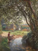 The Little Pool van George Clausen: landschap met vijver, bomen, water en gras, in warm groen en oker