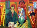 The Living Room van Ernst Ludwig Kirchner: interieur met kamer, vrouw, boek en meubels, in fel rood, blauw en geel