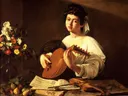The Lute Player van Caravaggio: figuren met luitspeler, muziek, bloemen en fruit, in donker bruin met wit