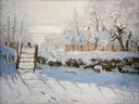 The Magpie van Claude Monet: landschap met sneeuw, winter, hek en ekster, in wit met lichtblauw