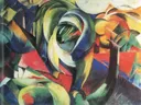 The mandrill van Franz Marc: abstract met gebogen vormen, dier, kleurvlakken en bladvormen, in groen, rood en geel