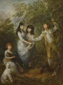 The Marsham Children van Thomas Gainsborough: figuren met kinderen, bos, hond en bomen, in gedempt groen met wit