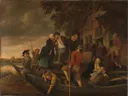 The merry homecoming van Jan Steen: figuren met schuit, water, gezelschap en avond, in warm bruin met okergele lucht