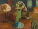 The Millinery Shop van Edgar Degas: interieur met hoeden, winkel, vrouw en tafel, in geel en groen met oranje
