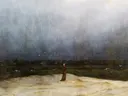 The Monk by the Sea van Caspar David Friedrich: zee met zee, strand, wolken en monnik, in grijsblauw en beige