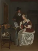 The Music Lesson van Pieter Brueghel the Younger: figuren met muziekles, vrouw, man en interieur, in warm bruin met rood