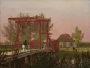 The Northern Drawbridge to the Citadel in Copenhagen van Christen Købke: landschap met brug, water, huis en bomen, in zacht roze en groen