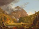 The Notch of the White Mountains van Thomas Cole: landschap met bergen, herfst, huisje en water, in warm oranje met blauw