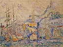 The Old Port at Marseille van Paul Signac: zee met haven, zeilschepen, masten en water, in okergeel met blauw
