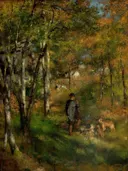 The Painter Le Coeur Hunting in the Forest of Fontainebleau van Pierre-Auguste Renoir: landschap met bos, honden, wandelaar en herfst, in warm okergroen