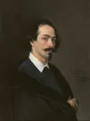 The Painter Matías Moreno van Carolus-Duran: portret met man, snor, donkere jas en gekruiste armen, in donker bruin