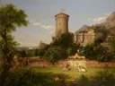 The Past 1838 van Thomas Cole: landschap met kasteel, toren, bomen en veld, in warm groen met goud
