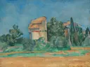 The Pigeon Tower at Bellevue van Paul Cezanne: landschap met toren, bomen, velden en cipressen, in groen en okergeel