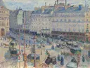 The Place du Havre, Paris van Camille Pissarro: stad met straat, koetsen, gebouwen en mensen, in grijsblauw met oker