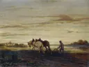 The Ploughman van Carl Schweninger der Ältere: landschap met ploegen, paarden, akker en boer, in warm beige en grijsblauw