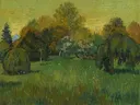 The Poet's Garden van Vincent van Gogh: landschap met park, bomen, gras en struiken, in groen met okergeel