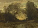 The Pond at the Entrance of the Woods van Jean-Baptiste-Camille Corot: landschap met vijver, bomen, bos en gras, in goudbruin en groen