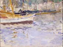 The Port of Nice van Berthe Morisot: zee met haven, boten, zeilschepen en water, in blauw en paars