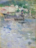 The Port of Nice van Berthe Morisot: zee met haven, boten, zeilschepen en water, in blauw en paars