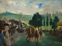The Races at Longchamp van Edouard Manet: figuren met paarden, renbaan, publiek en jockeys, in groen met blauw