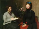 The Reading van Henri Fantin-Latour: figuren met vrouwen, lezen, boek en bloemen, in donker met wit en rood