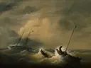 The Rescue of the Crew of the Austrian Brig 'Pegno D'Amicizia' on 25 October 1852 van Christiaan Cornelis Kannemans: zee met schipbreuk, golven, storm en wolken, in gedempt grijs en beige