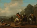 The Return from the Hunt van Johannes Lingelbach: landschap met jacht, ruiters, paarden en honden, in warm bruin en groen