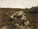 The Return of the Flock, Laren van Anton Mauve: landschap met schapen, herder, heide en kudde, in gedempt bruin en grijs