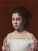 The rider who got entangled with one foot on a stirrup van Henri Fantin-Latour: portret met meisje, witte jurk, roze mouwen en kind, in warm rood en wit