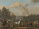 The Riding School van Johannes Lingelbach: dieren met paarden, ruiters, honden en veld, in gedempt blauw en oker