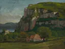 The Rock of Hautepierre van Gustave Courbet: landschap met rots, klif, weiland en huisje, in warm groen en oker