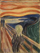 The Scream van Edvard Munch: figuren met figuur, brug, lucht en schreeuw, in oranje met blauw