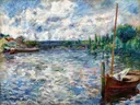 The Seine at Chatou van Pierre-Auguste Renoir: landschap met rivier, roeiboot, bomen en water, in blauw en groen