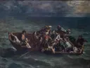 The Shipwreck of Don Juan van Eugène Delacroix: zee met schipbreuk, roeiboot, golven en zee, in donkerblauw en grijs