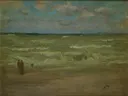 The Shore, Pourville van James McNeill Whistler: zee met kust, zee, golven en strand, in groen en grijs