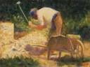 The Stone Breaker van Georges Seurat: figuren met steenklopper, kruiwagen, werk en veld, in warm oker en groen