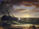 The Stranded Ship van Asher Brown Durand: zee met schip, strand, golven en zonsondergang, in warm bruin met goudgeel