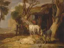 The Straw Yard van James Ward: dieren met paard, ezel, varkens en schuur, in warm oker en bruin