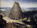 The Tower of Babel van Lucas van Valckenborch: stad met toren, bouwwerk, stad en haven, in blauwgrijs en oker
