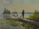 The Trapper van Winslow Homer: landschap met kano, meer, man en boomstam, in fris groen en blauw