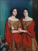The Two Sisters van Théodore Chassériau: portret met twee zussen, rode omslagdoeken, staand en kant, in rood en groen