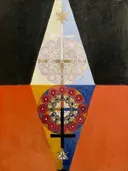 The US Series, Group VIII, No. 6 by van Hilma af Klint: abstract met driehoek, cirkel, geometrisch en vlakken, in oranje rood en blauw